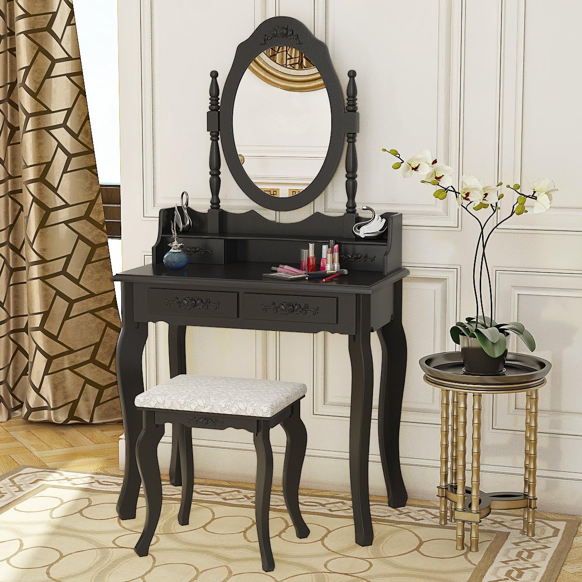 PALDIN Black Dressing Table, Modern Makeup Table 4Drawer Vanity