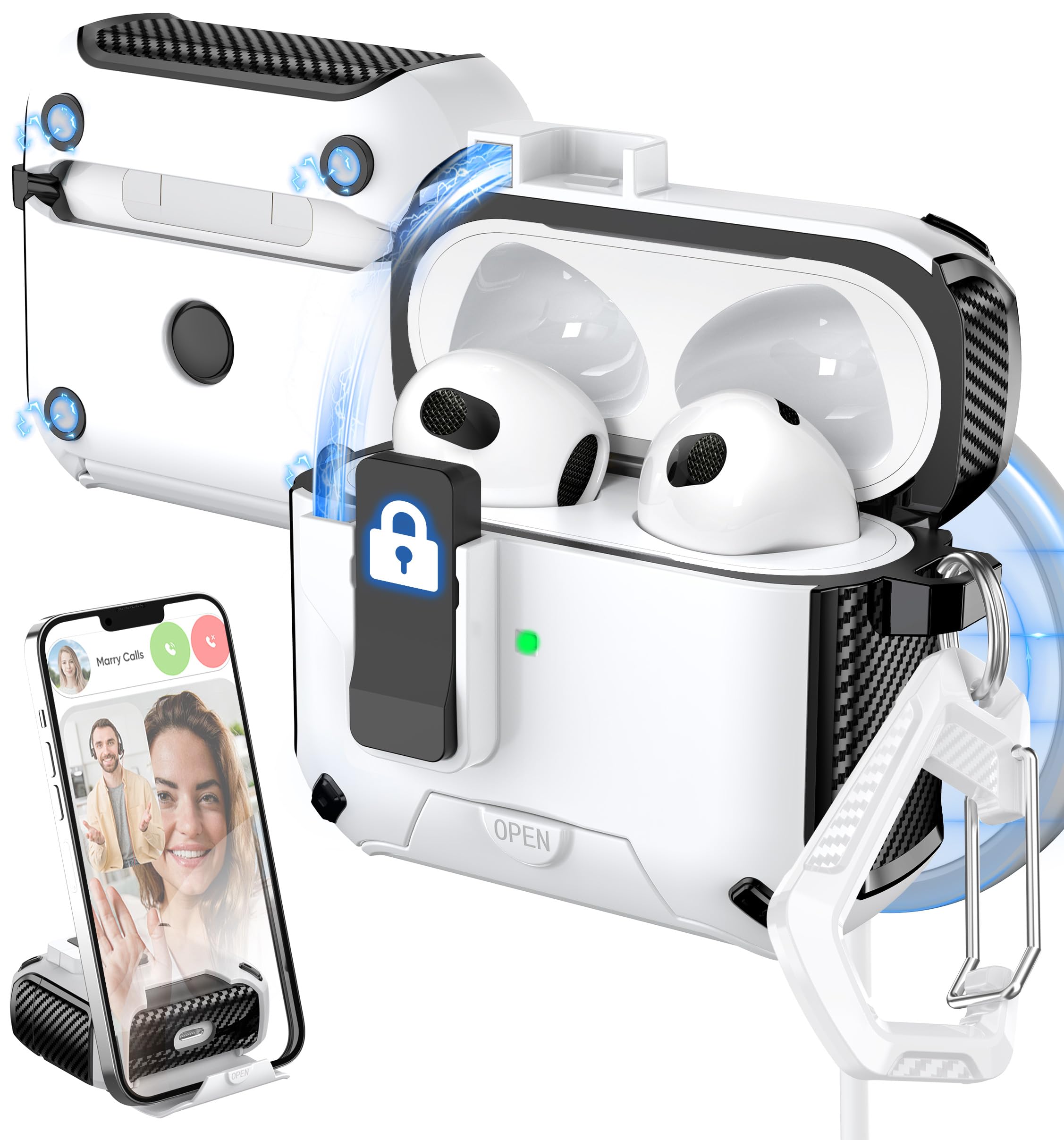 Photo 1 of MHYALUDO for AirPods 3rd Generation Case Cover, Compatible with Magsafe, Magnetic Automatic Lock, Charging Port Dust-Proof & Stand Design with Cleaning Kit, Black/White