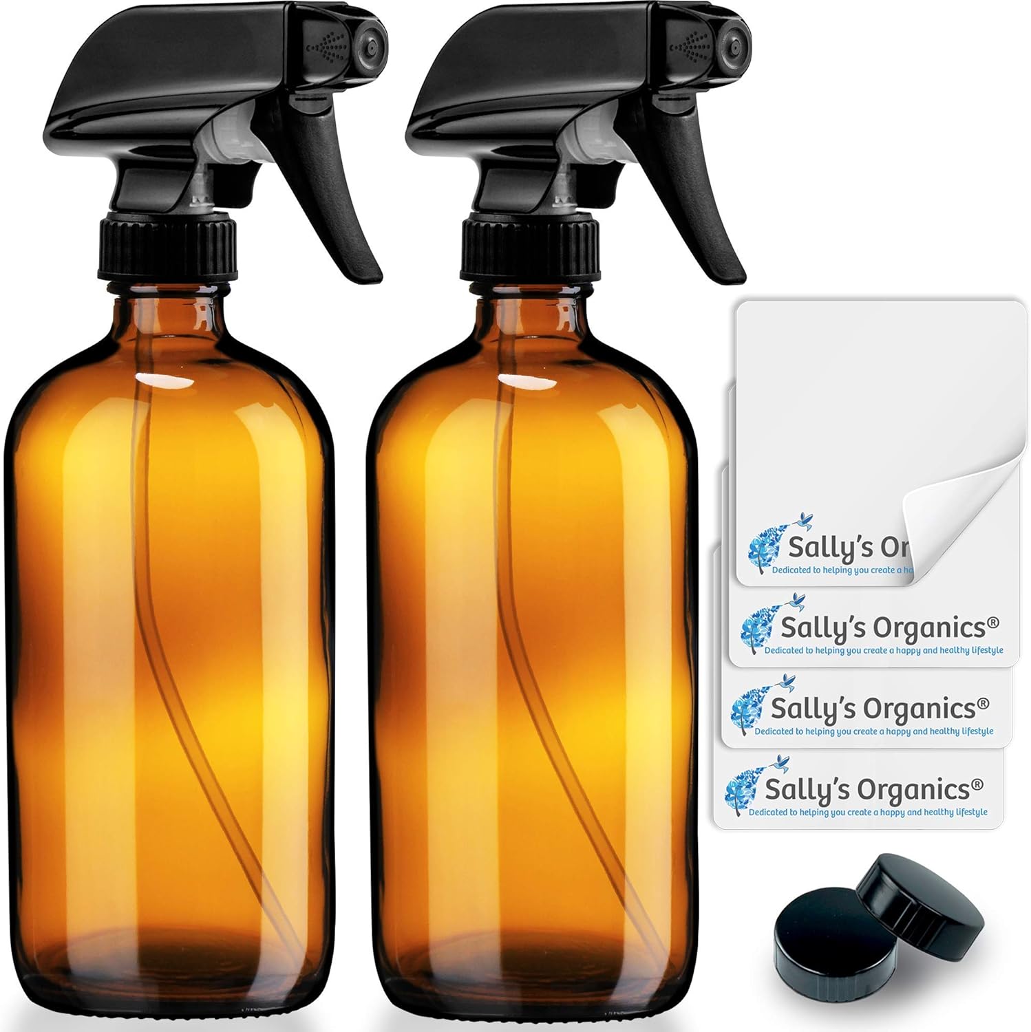 Empty Amber Glass Spray Bottles with Labels (2 Pack) - 16oz Refillable Container for Essential Oils, Cleaning Products, or Aromatherapy - Durable Black Trigger Sprayer w/Mist and Stream Settings: Health & Personal Care
