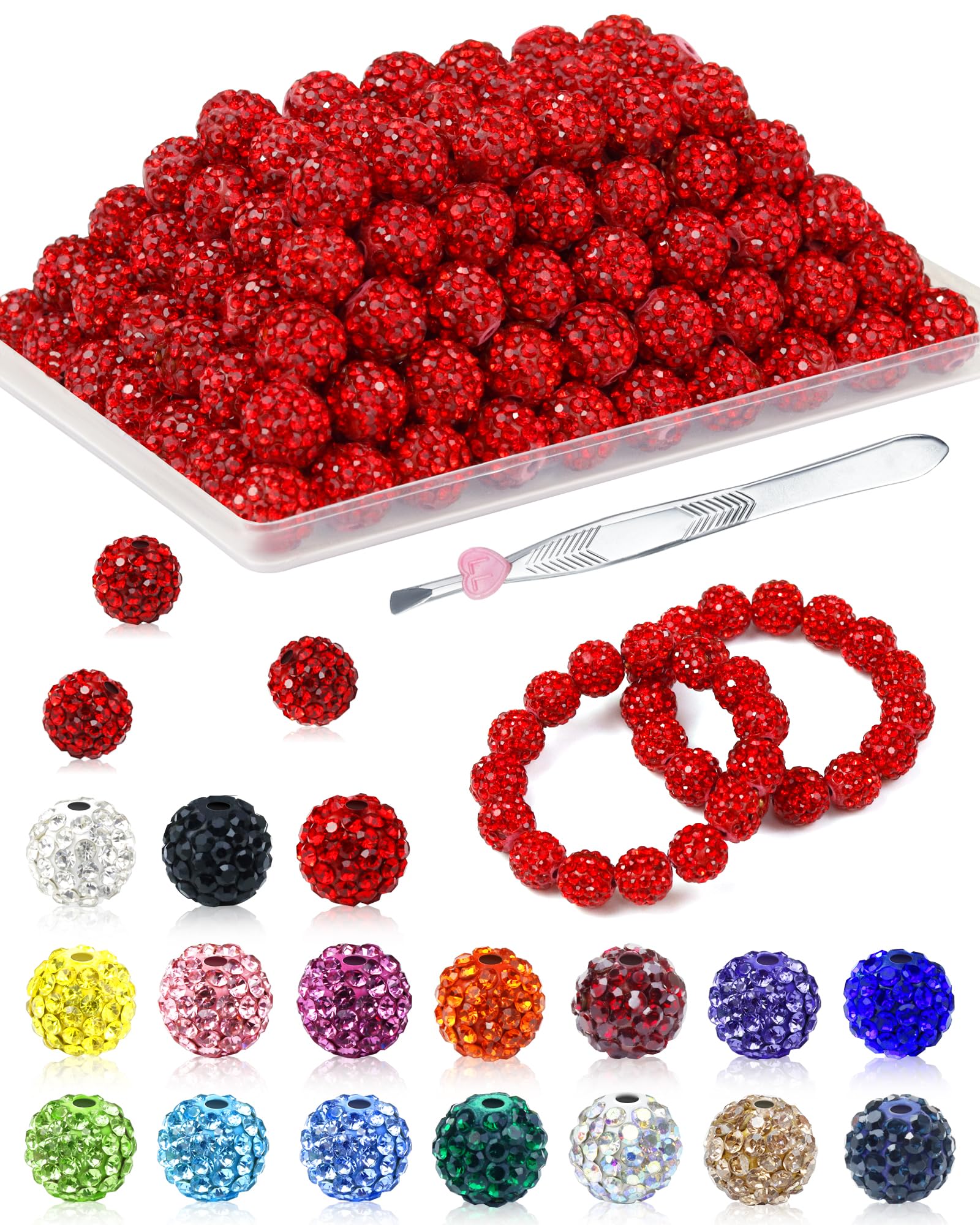 Photo 1 of  FIVEIZERO Rhinestone Beads for Jewelry Making, 10mm Red Shiny Round Sparkle Crystal Clay Bead Bulk Sparkly Baseball Necklace Beads for Bracelets and DIY Crafts
