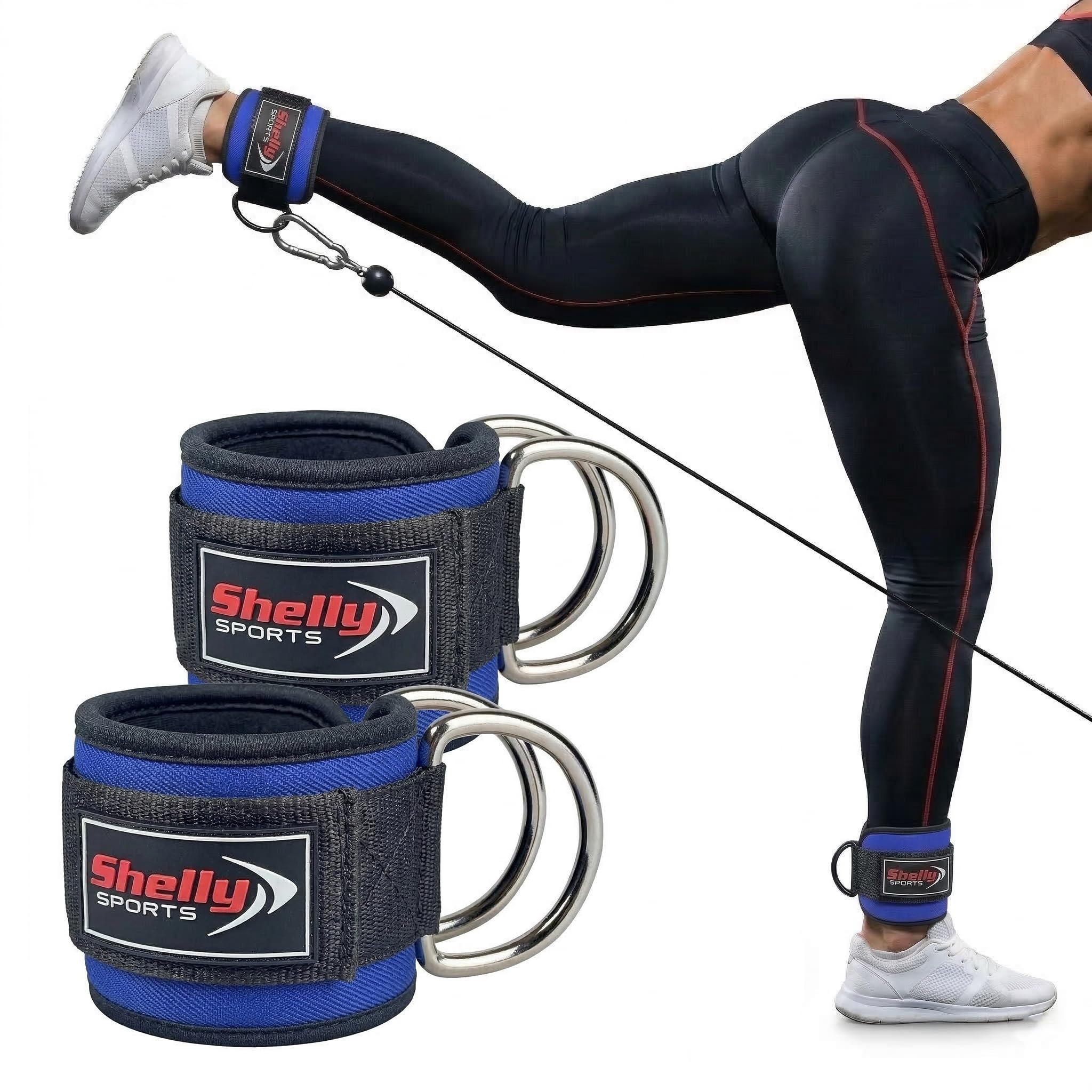 Shelly Ankle Straps for Cable Machines Leg Extensions Hip Abductors Double D Ring Cable Straps Padded Neoprene Ankle Cuffs for Leg Abs Kickbacks Glute Workouts Support for Men & Women (Blue)