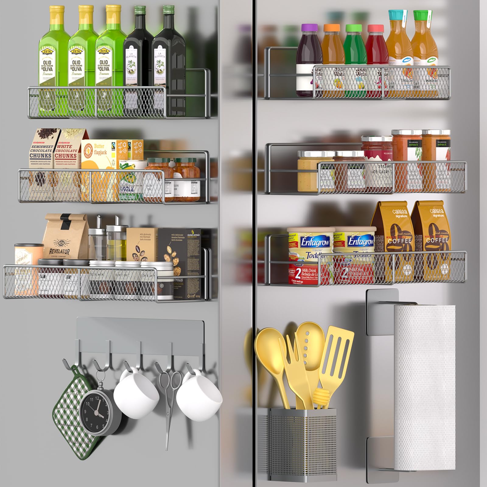 Magnetic Spice Rack for Refrigerator, 10 Pack 100% Metal Strong Magnet Shelf, Moveable Spice Organizer W/ Adjustable Paper Towel Holder, Hook Rack & Utensil Caddy, Home Kitchen Laundry Storage, Grey Image