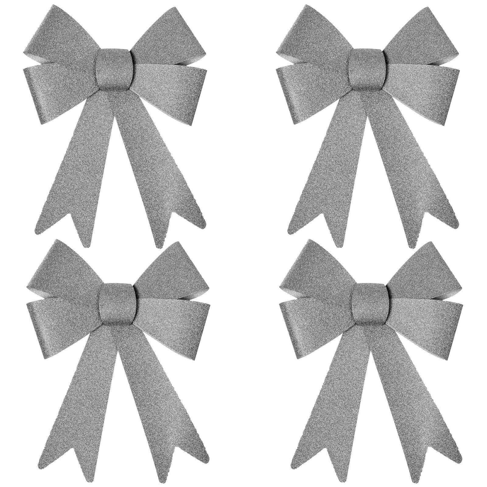 Robelli Christmas Glitter Bow Decorations - Pre-tied For Tree/Gifts/Table etc (4 Med Silver)