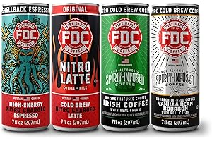 Fire Department Coffee - Ready to Drink Variety Pack of 4 - Shellback Espresso, Nitro Latte, Irish Coffee, Vanilla Bean Bourbon Coffee - Kosher & Arabica Coffee, No Artificial Flavors - 4x7 fl oz Cans