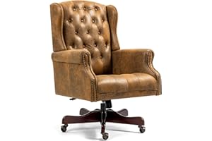 ECOTOUGE Tufted Office Chair, Microfiber Executive Desk Chair w/High Back & Nail Head Trim, Ergonomic Wingback PC Chair for Home, Office and Living Room, Bomber Brown
