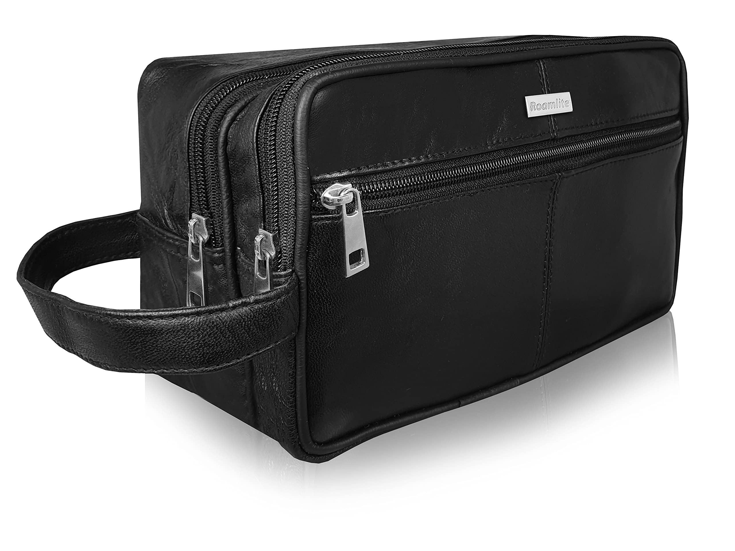 Leather Toiletry Bag - Toiletries Wash Bag - Soft Black Genuine Leather - Great Travel Gym Shower Bags - Unisex Men's or Ladies - 2 Zipped Compartments - Hang Up Carry Handle - Roamlite RL215
