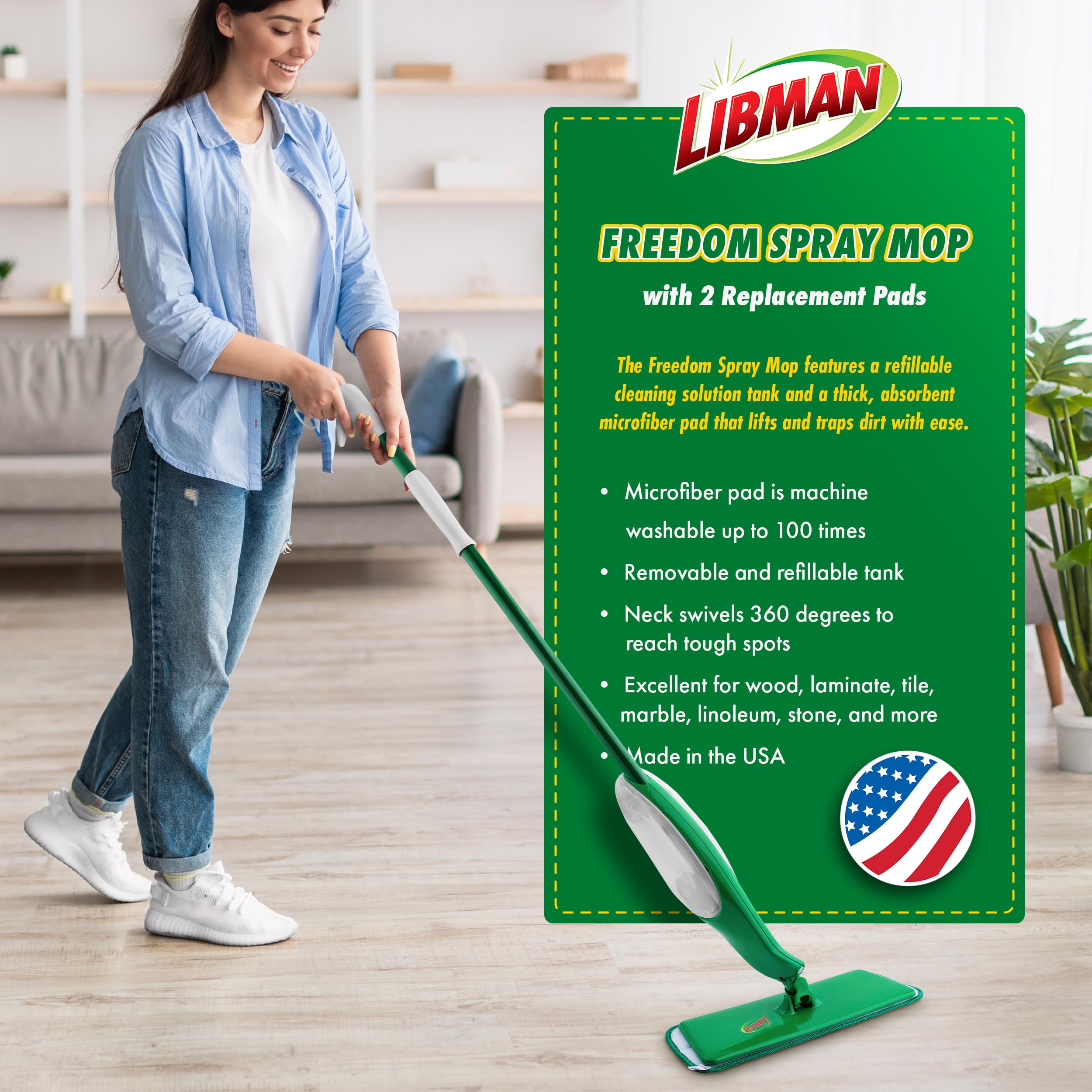 Libman Freedom Spray Mop Kit | Microfiber Mop | Household Essentials | Hardwood Floor Cleaner | Wall Mop | 24 Oz Reservoir Tank | Two Extra Replacement Heads Included
