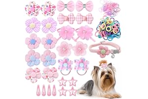 Cherocito 180+ Pcs Pink Dog Hair Accessories Set,Small Dog Hair Bows with Rubber Bands,Cute Puppy Hair Ties,Bowties for Small Dogs Cats,Dog Hair Clip,Floral Bell Collar,Flower Scrunchie