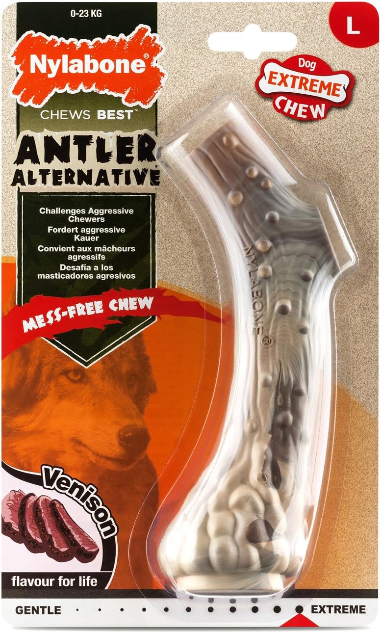 Nylabone Extreme Tough Dog Chew Toy Antler Alternative, Mess-Free, Venison Flavour, Large, for Dogs Upto 23 kg