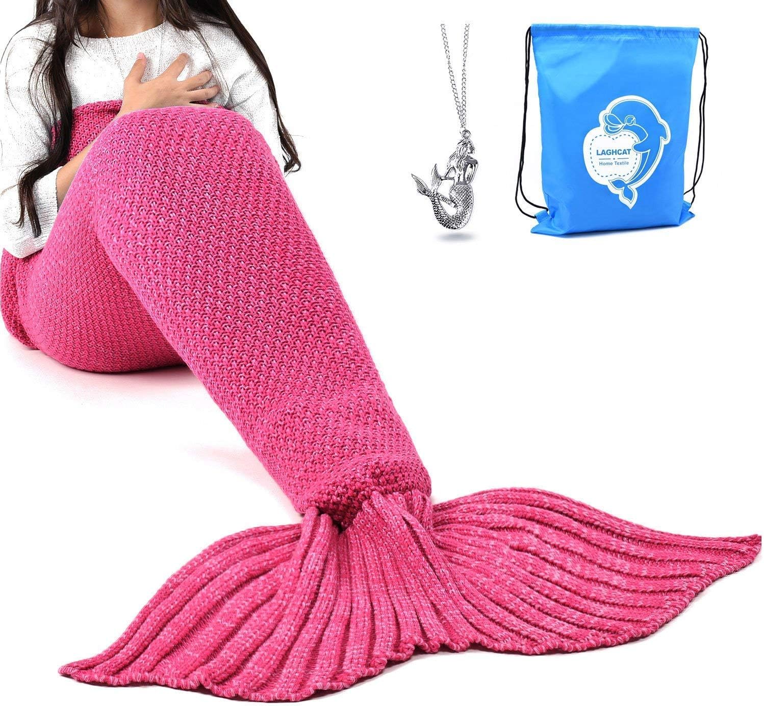 LAGHCAT Mermaid Tail Blanket Crochet Mermaid Blanket for Kids, Soft All Seasons Sleeping Blankets, Classic Pattern (56"x28", Rose Red)