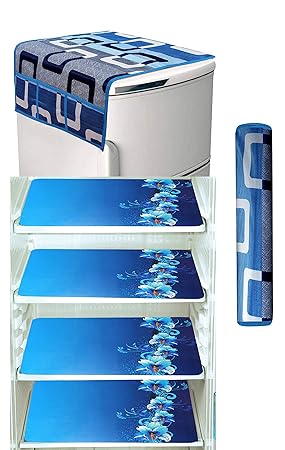 HOME LIVING Flower Decorative 1 Fridge Top Cover, 1 Handle Cover and 4 Fridge Mat Combo