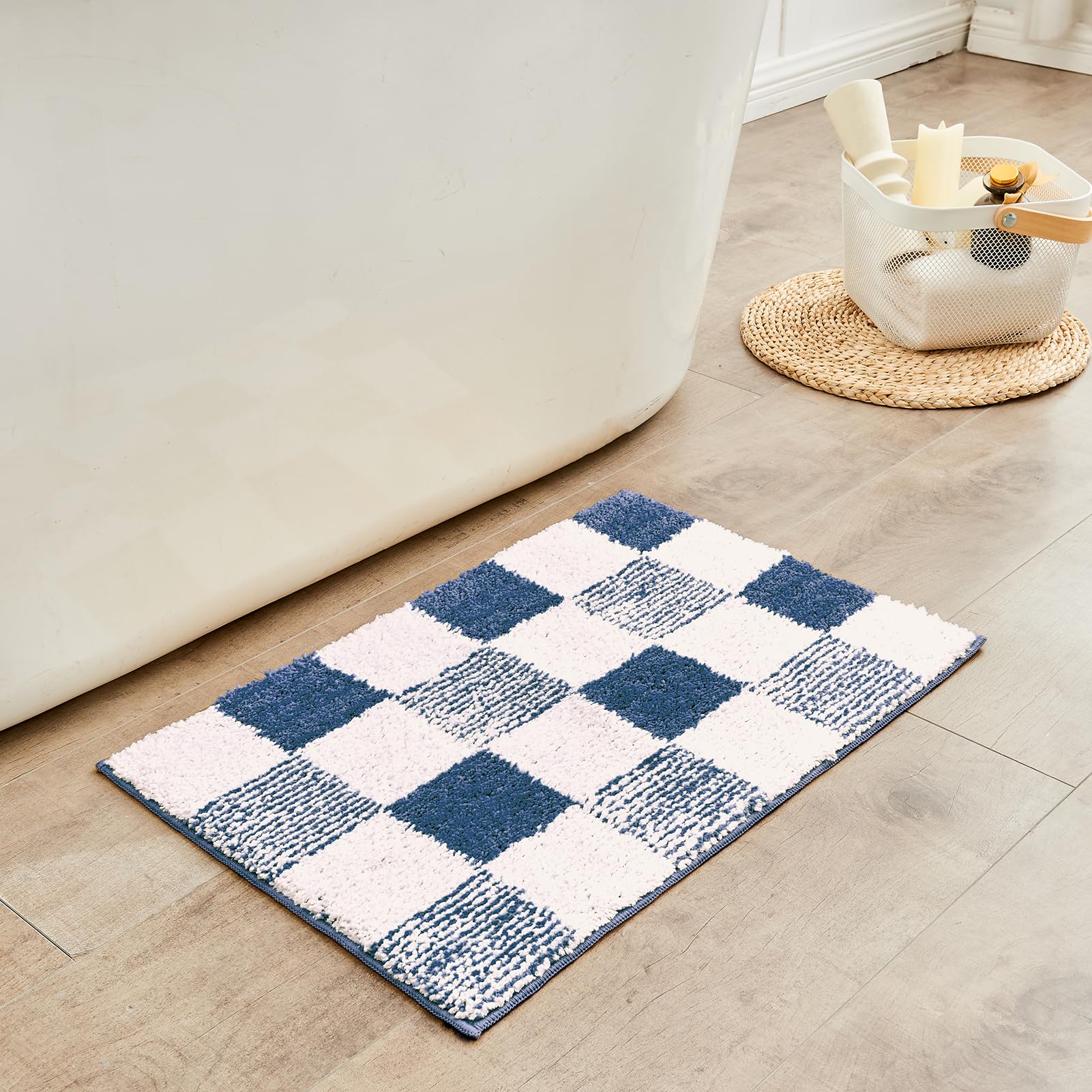 Photo 1 of CozeCube Checkered Bath mats for Non Slip, Fluffy Absorbent Microfiber Bath mat Washable, Aesthetic Bathroom Rugs, Cute Bath mat for Shower Sink, Dark Blue, 24" x 16"