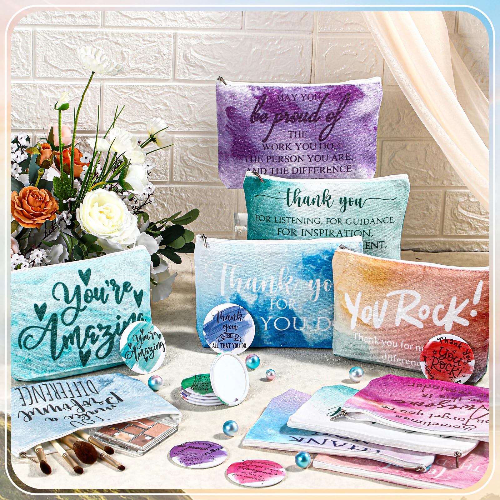 20 Pcs Employee Appreciation Gifts Inspirational Canvas Makeup Bags Compact Mirrors Bulk Cosmetic Bags Round Portable Mirror Thank You Gifts for Women Housekeeping Week (Appreciation)
