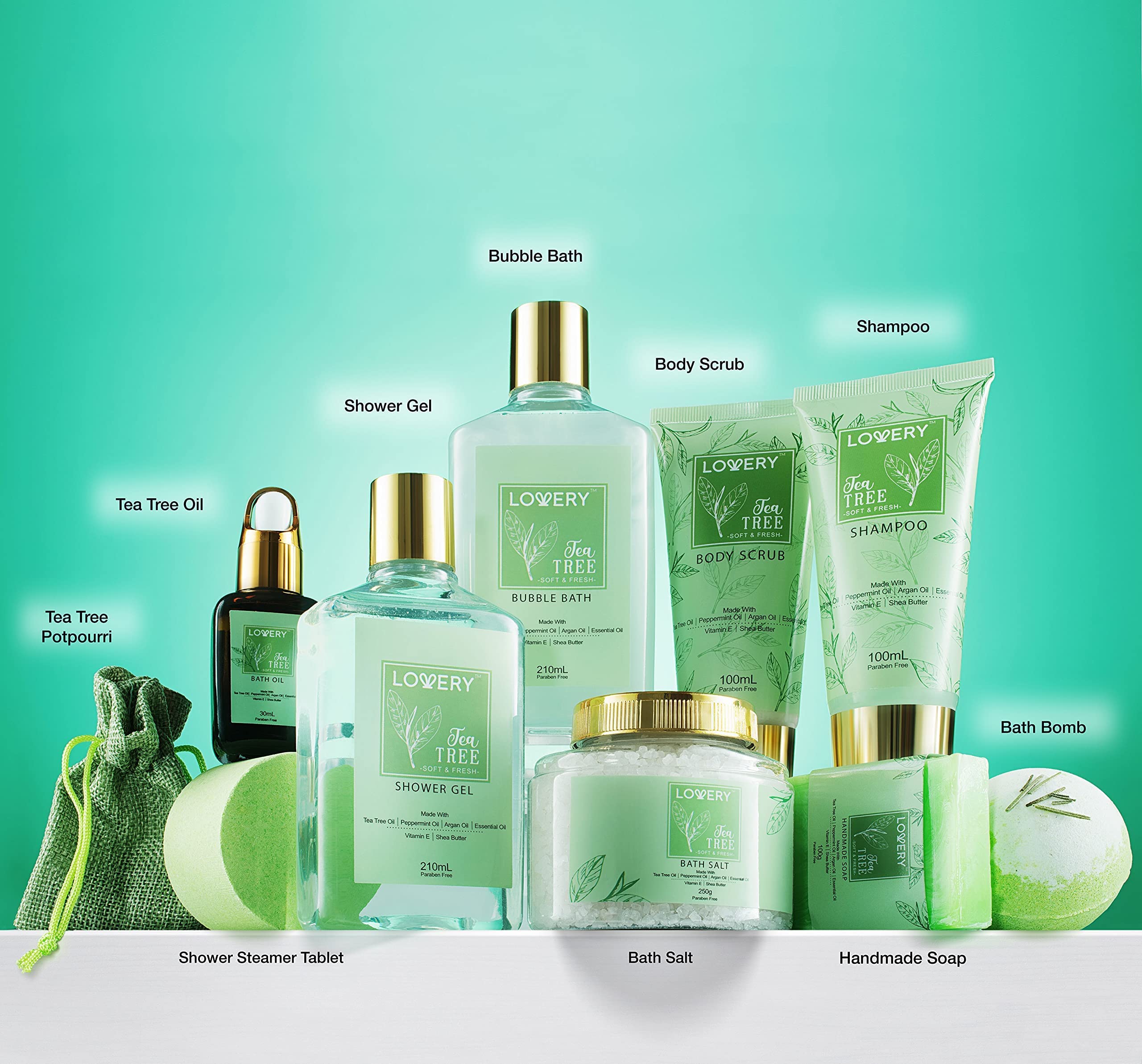 Tea Tree Bath Set - Luxury Home Spa Set with Calming Mint Fragrance – 15 pc Relaxation Gift Basket with Tea Tree Bath Oil,Shower Gel, Bubble Bath, Handmade Soap, Steamer Tablet, Potpourri & More