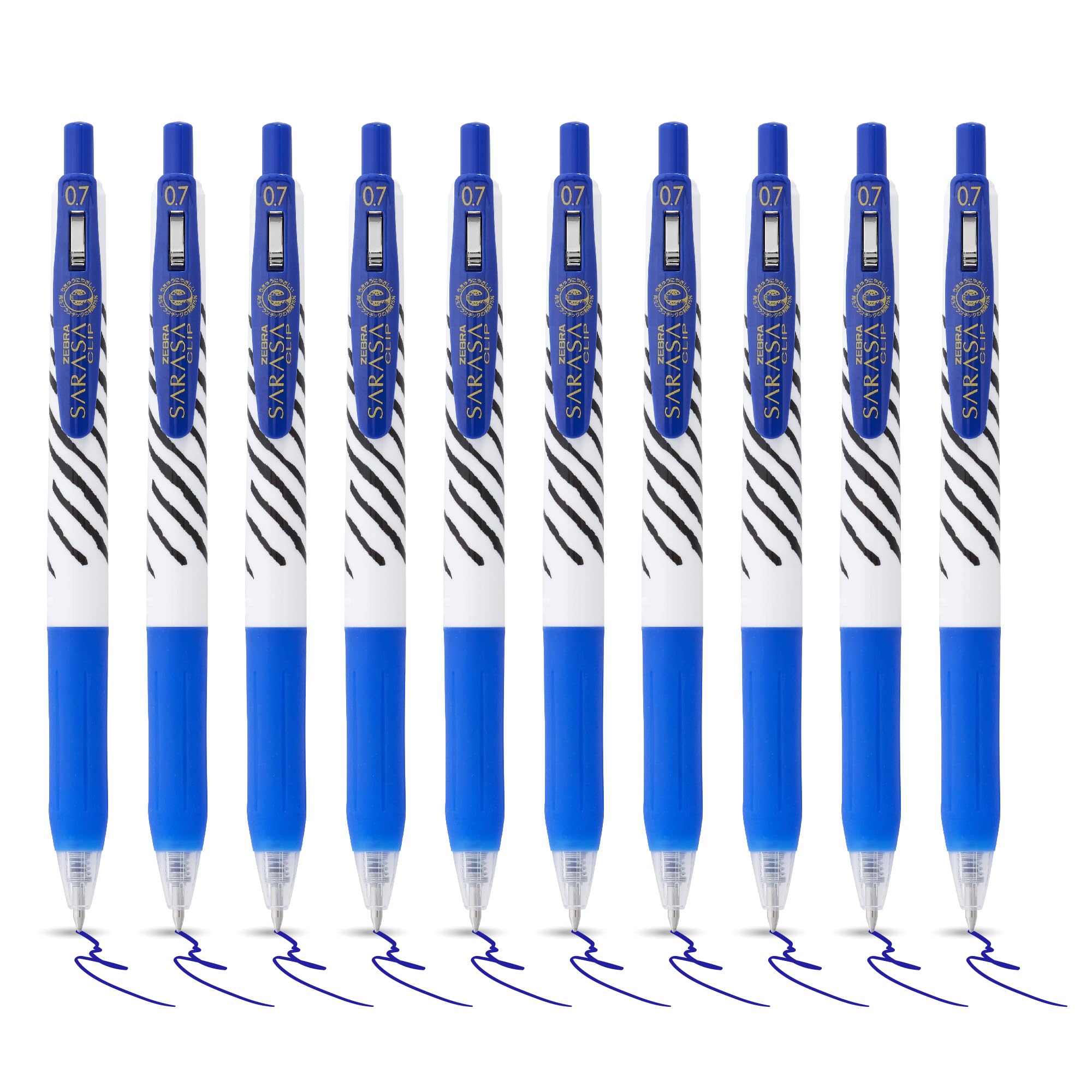 Zebra Pen SARASA CLIP Stripes Gel Pens 10pk - Retractable Coloured Pens with Medium 0.7mm Nib, Smudge Proof, Rapid Dry Ink With Comfort Grip and Push Clip, Water Resistant, Gel Pens Blue Multipack