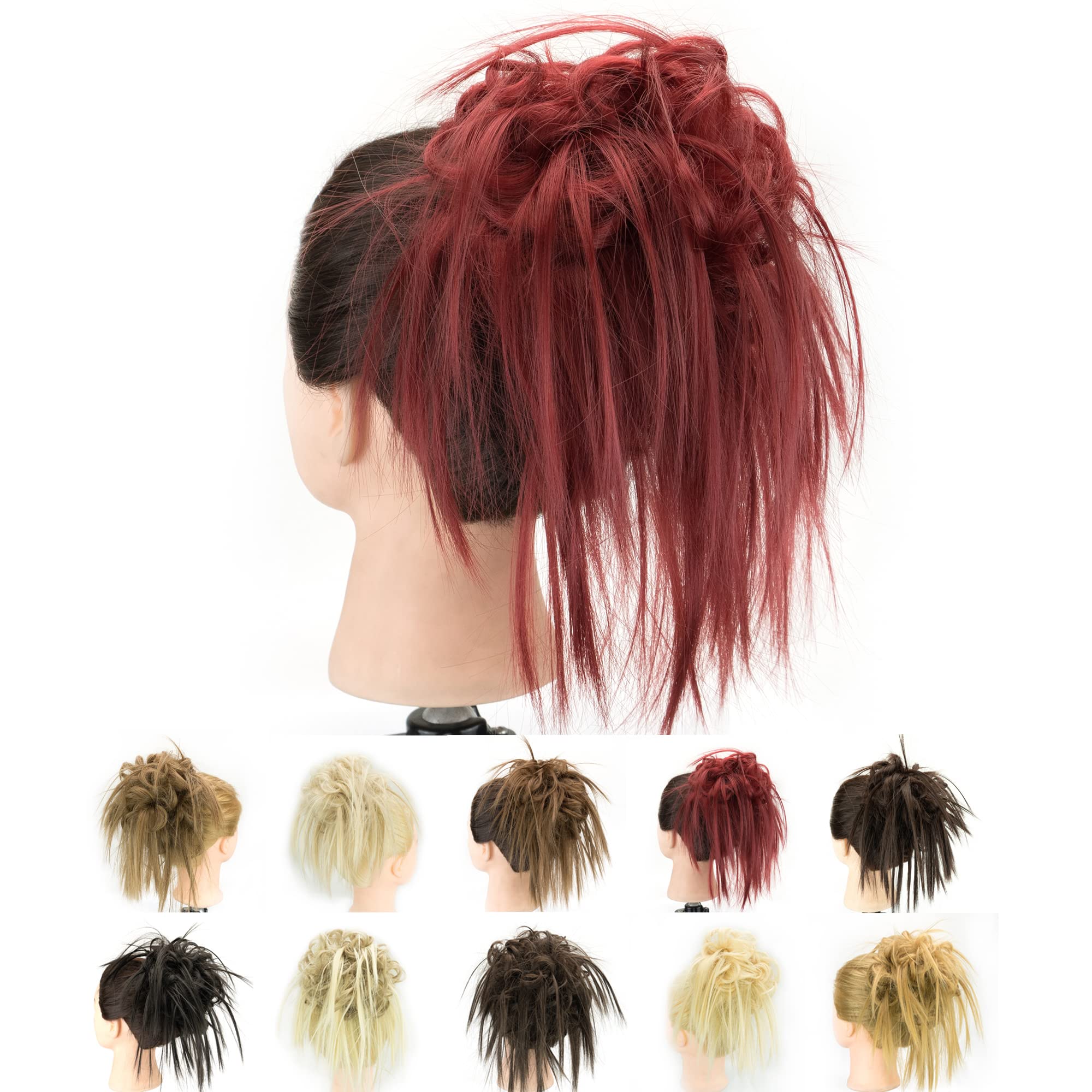 IMISSU 2PCS Messy Hair Bun Piece Updo Fake Scrunchies Extension Wavy Curly Hairpieces Ponytail Chignon Headband for Women (2PCS Burgundy)