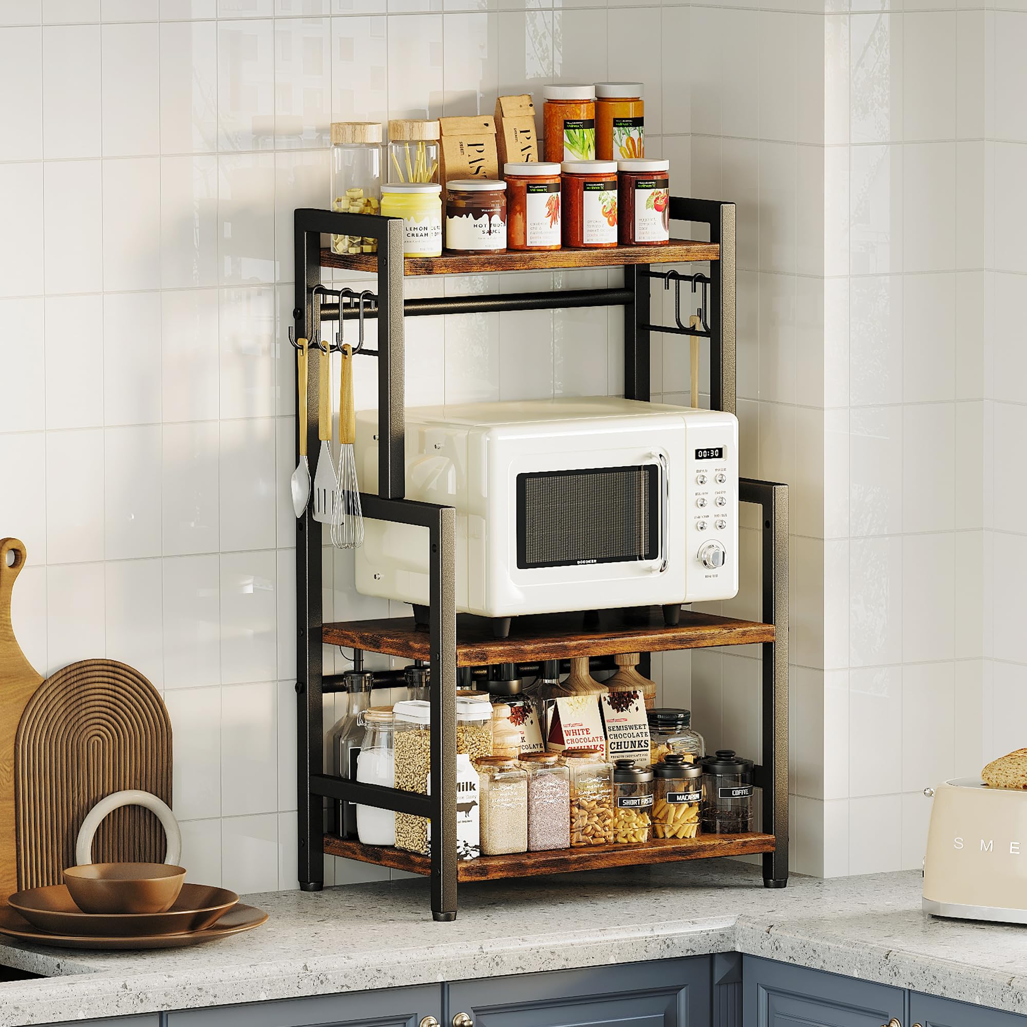 Photo 1 of Kitchen Countertop Organizer,3 Tier Large Spice Rack Organizer with Adjustable Shelf and 5 Hooks,Wooden Counter Organizer,Space Saving Countertop Shelf Microwave Stand for Kitchen,Bathroom,Coffee Bar