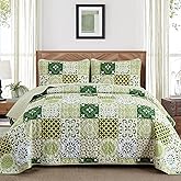 Dobuyly Green Quilt Set Queen Size, Boho Sage Green Plaid Patchwork Bedspreads Coverlet Set, 3 Pieces Soft Lightweight Microfiber Quilt Bedding Set for All Seasons 96"x90"