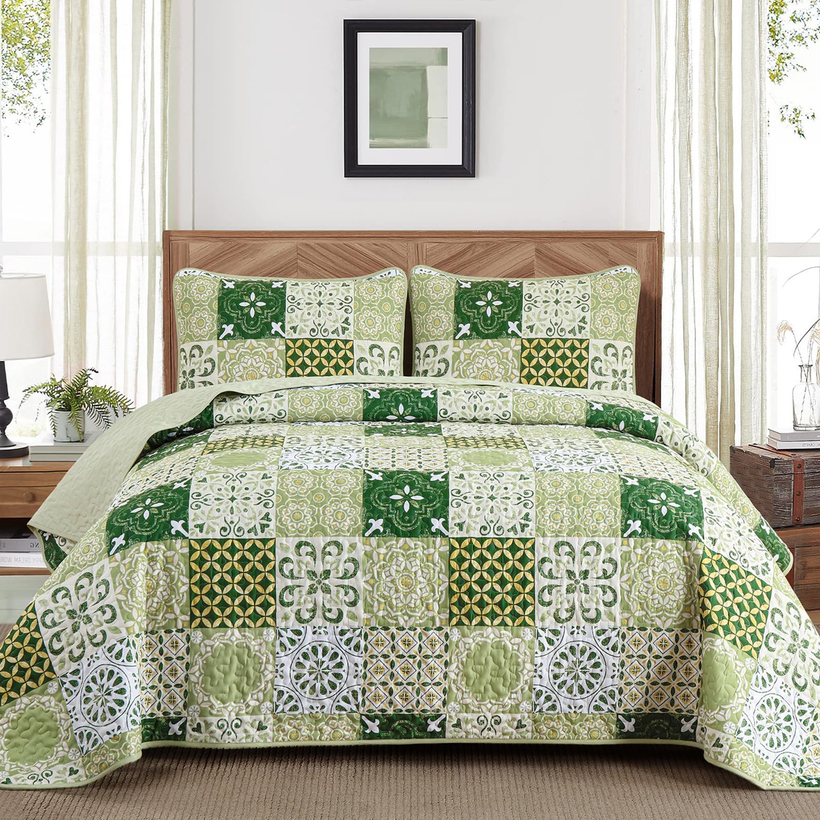 Photo 1 of ****FABRIC SEALED**** Dobuyly Green Quilt Set King Size, Boho Sage Green Plaid Patchwork Bedspreads Coverlet Set, 3 Pieces Soft Lightweight Microfiber Quilt Bedding Set for All Seasons 110"x90"