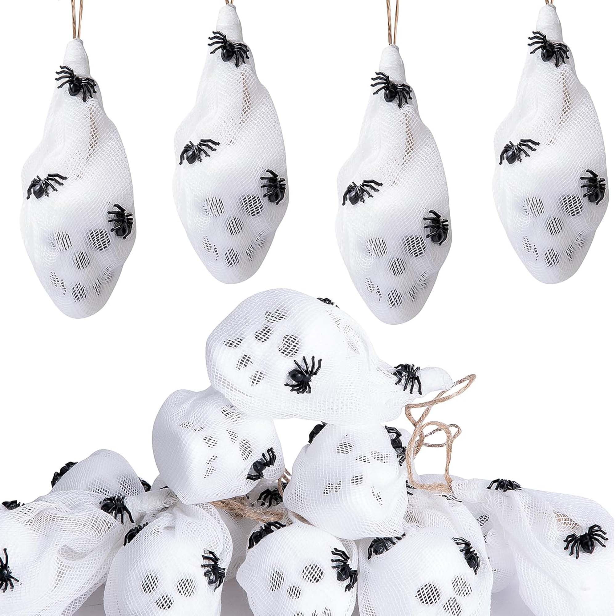 Photo 1 of 12 Pcs Mini Halloween Hanging Skull Decorations, 4" x 1.5" Scary Gauze Wrapped Skull Ornaments with Spiders, Hanging Spider Head Skeleton Cocoon Tree Ornaments for Outdoor Haunted House Party Decor