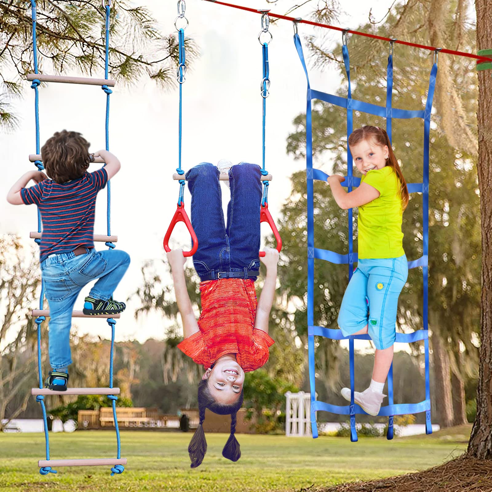 Ninja Warrior Obstacle Course for Kids Backyard - 2×50ft Slackline Kit with 10 Most Complete Accessories for Boys & Girls, Swing, Rope Ladder, Gymnastic Ring, Climbing Net, Arm Trainer and Monkey Fist