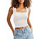AIHUKOCY Women Square Neck Wide Strap Floral Crop Tank Top Sleeveless Lettuce Trim Solid Slim Cropped Cami Vest Tops