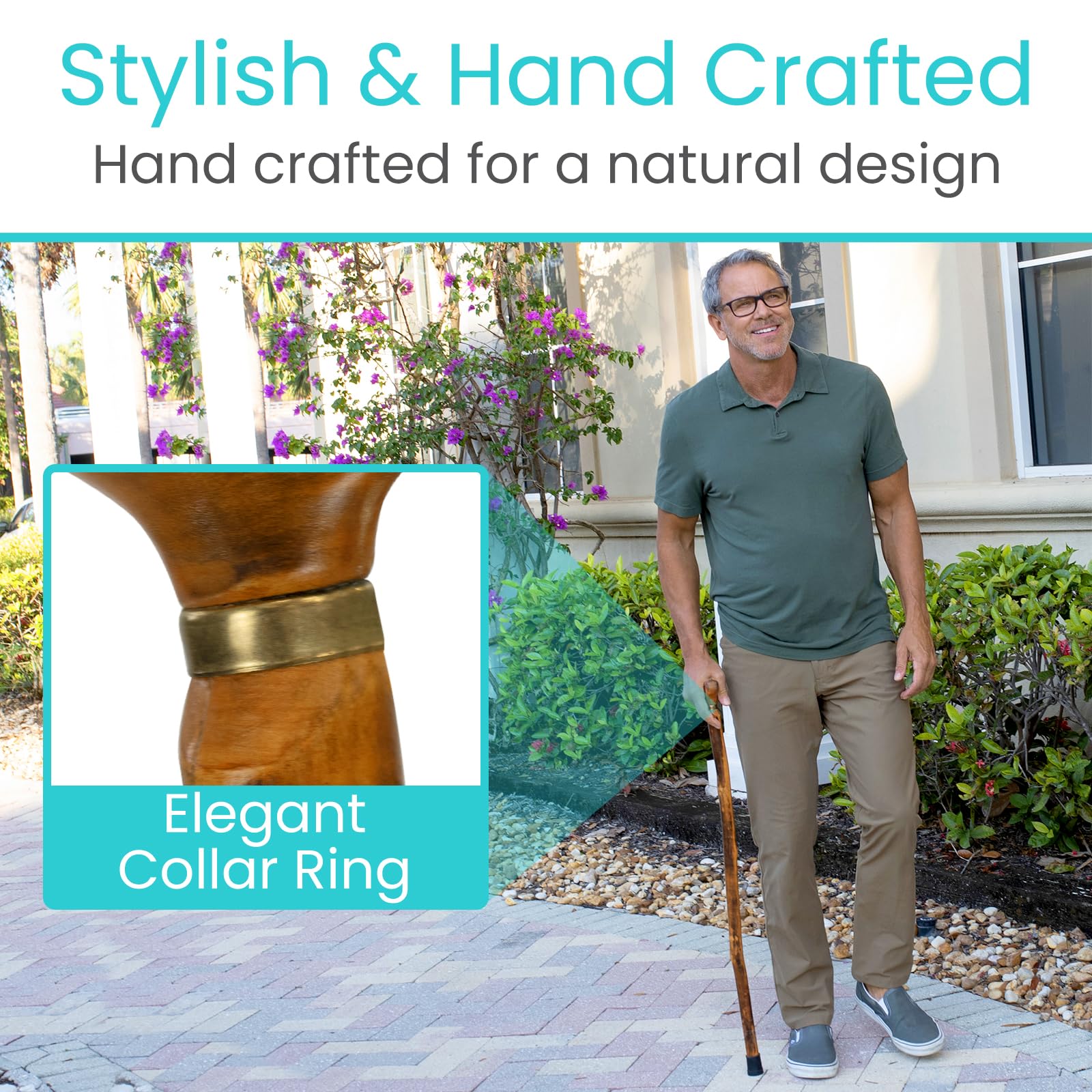 Vive Wooden Walking Stick Cane - for Men, Women, & Seniors - 36 Inch Single Point Rubber Tip with Willow Handle - Ergonomic Grip for Balance & Stability - Lightweight Elderly Assistance Product