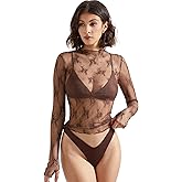 SUUKSESS Women Sexy Mesh Sheer Long Sleeve Tops Mock Neck Going Out Lace Shirts
