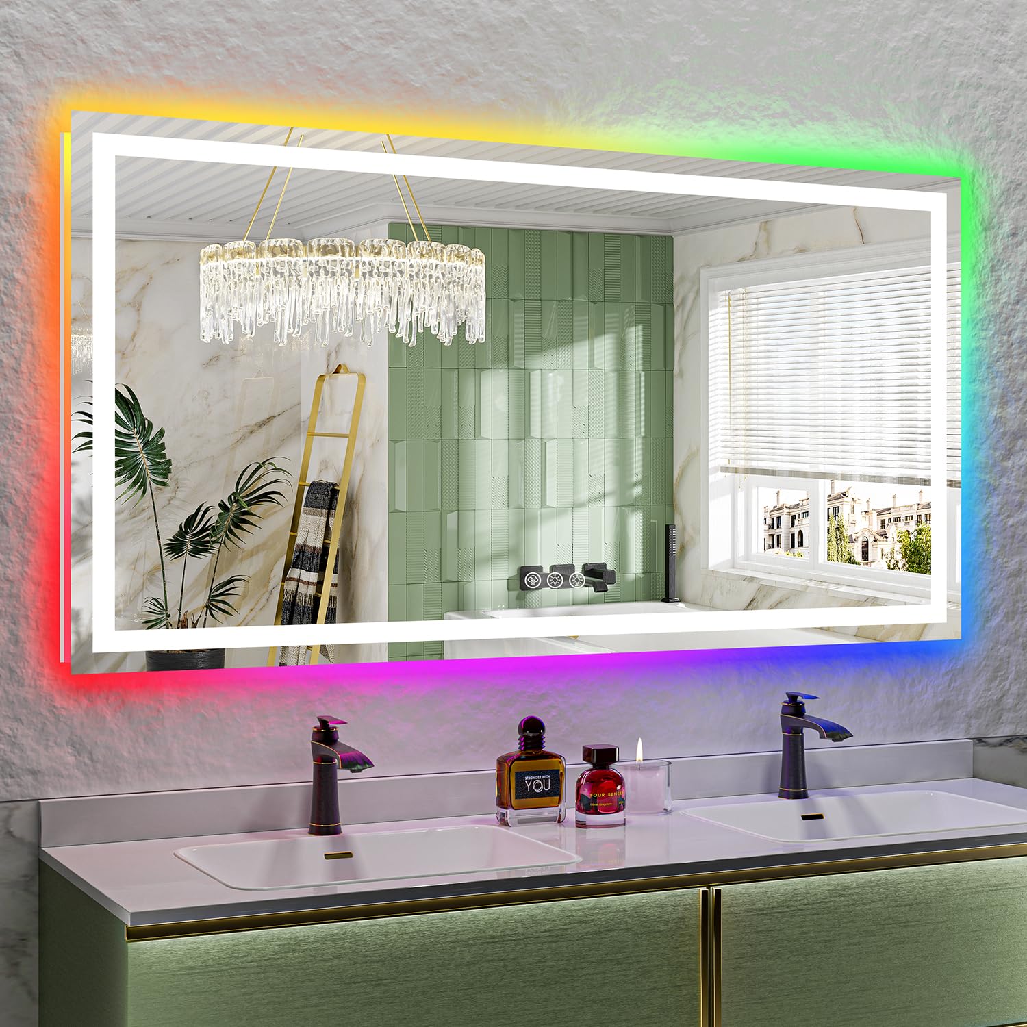YEELAIT 68x36 Inch RGB LED Bathroom Mirror Front Light and RGB Backlit Lighted Vanity Mirror for Bathroom Wall Mounted Dimmable Anti Fog Memory Shatter-Proof IP54 Waterproof Horizontal/Vertical