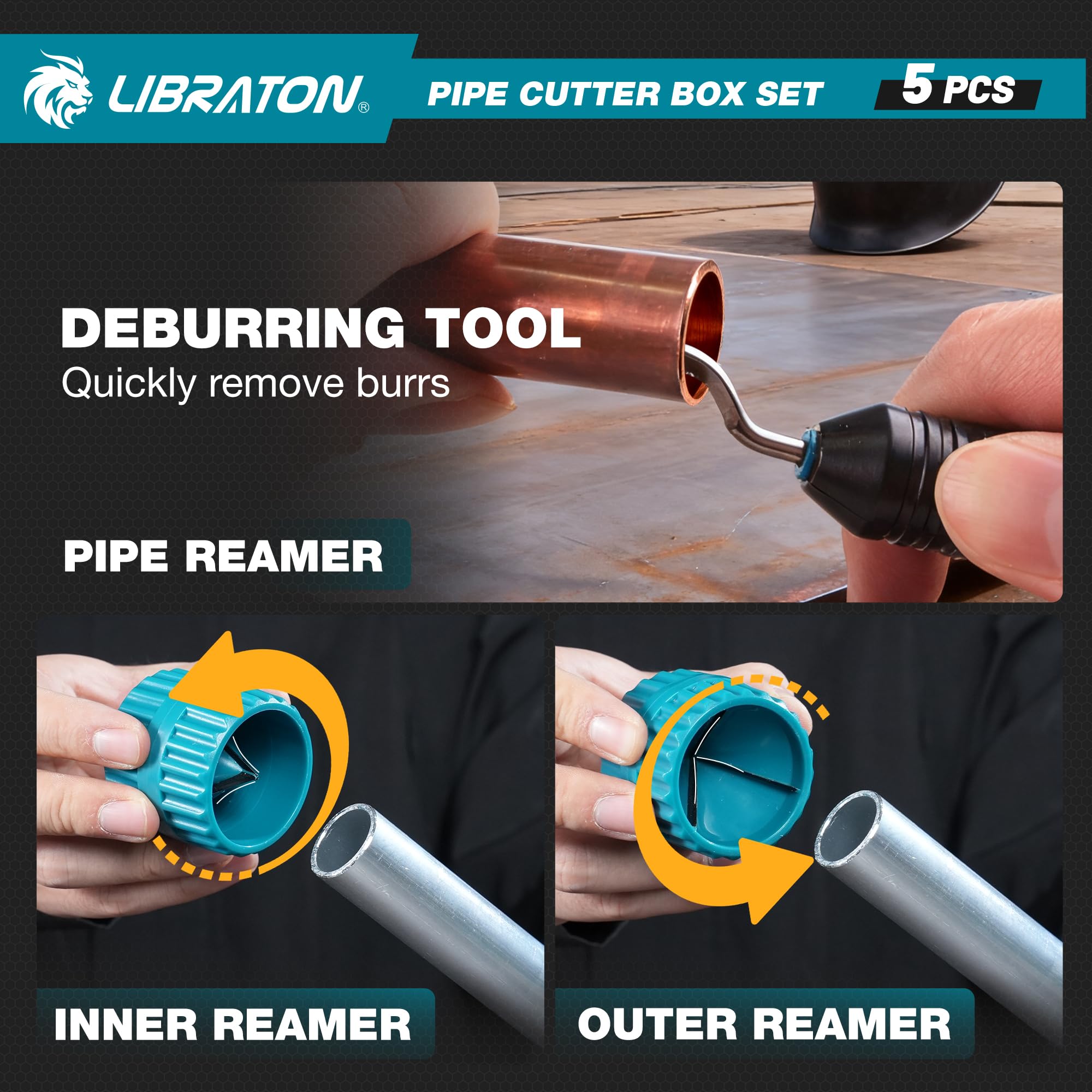 LIBRATON Rohrschneider 3-50MM, Hochleistungs-rohrschneider Edelstahl, PEX-Rohrschneider, Entgrater und Rohrreibahle, 5tlg Rohrabschneider Set für Kupfer, Aluminium, PEX, PVC, mit Aufbewahrungsbox 8