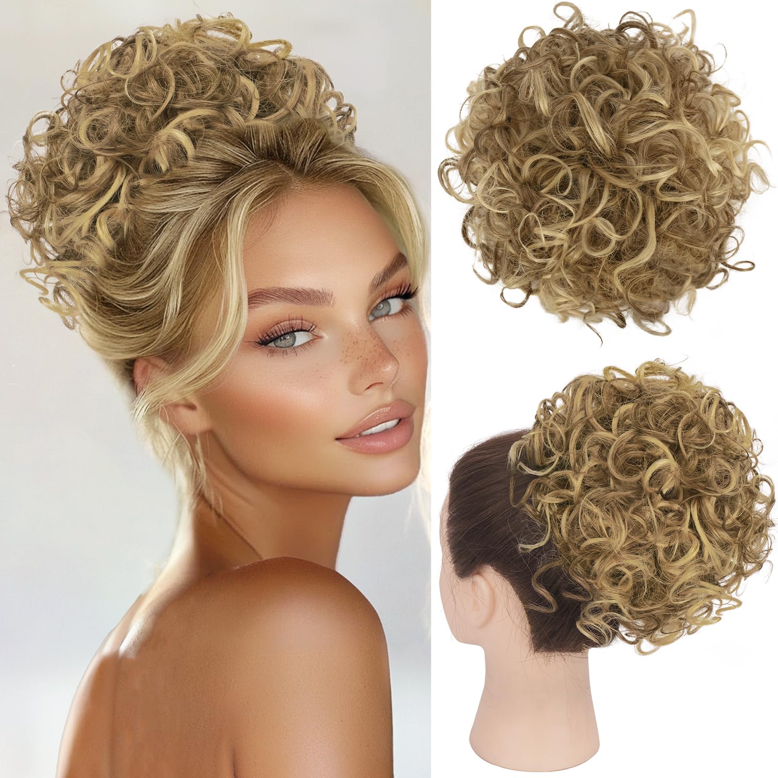 RUWISS Messy Bun Short Curly Drawstring Ponytail Extension Loose Hair Bun Hair Pieces for Women High Temperature Synthetic Hair Bun Extension 85g Light Ash Blonde Mixed Bleach Blonde