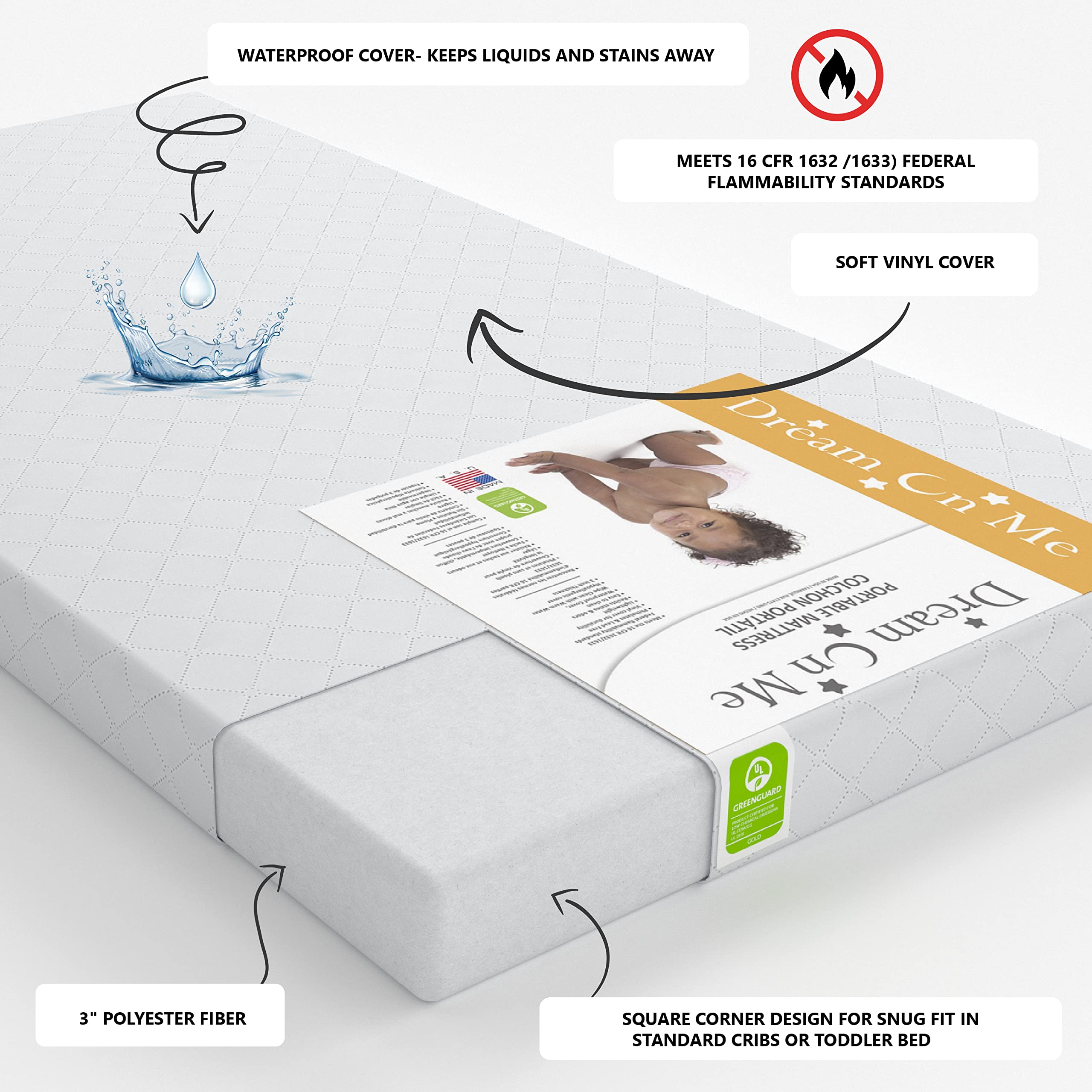 Dream On Me Holly 3” Mini/Portable Crib Mattress, Greenguard Gold & JPMA Certified, Fits All Portable & Mini Cribs, Lightweight Fiber Core, Waterproof Vinyl Cover, Easy to Clean
