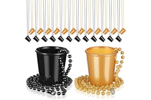 Dandat 24 Pcs Shot Glass on Beaded Necklace Graduation Accessories Disposable Mini Plastic Shot Cups for Graduation Party Accessories Bachelorette Birthday Wedding Festival Party Favor(Black, Gold)