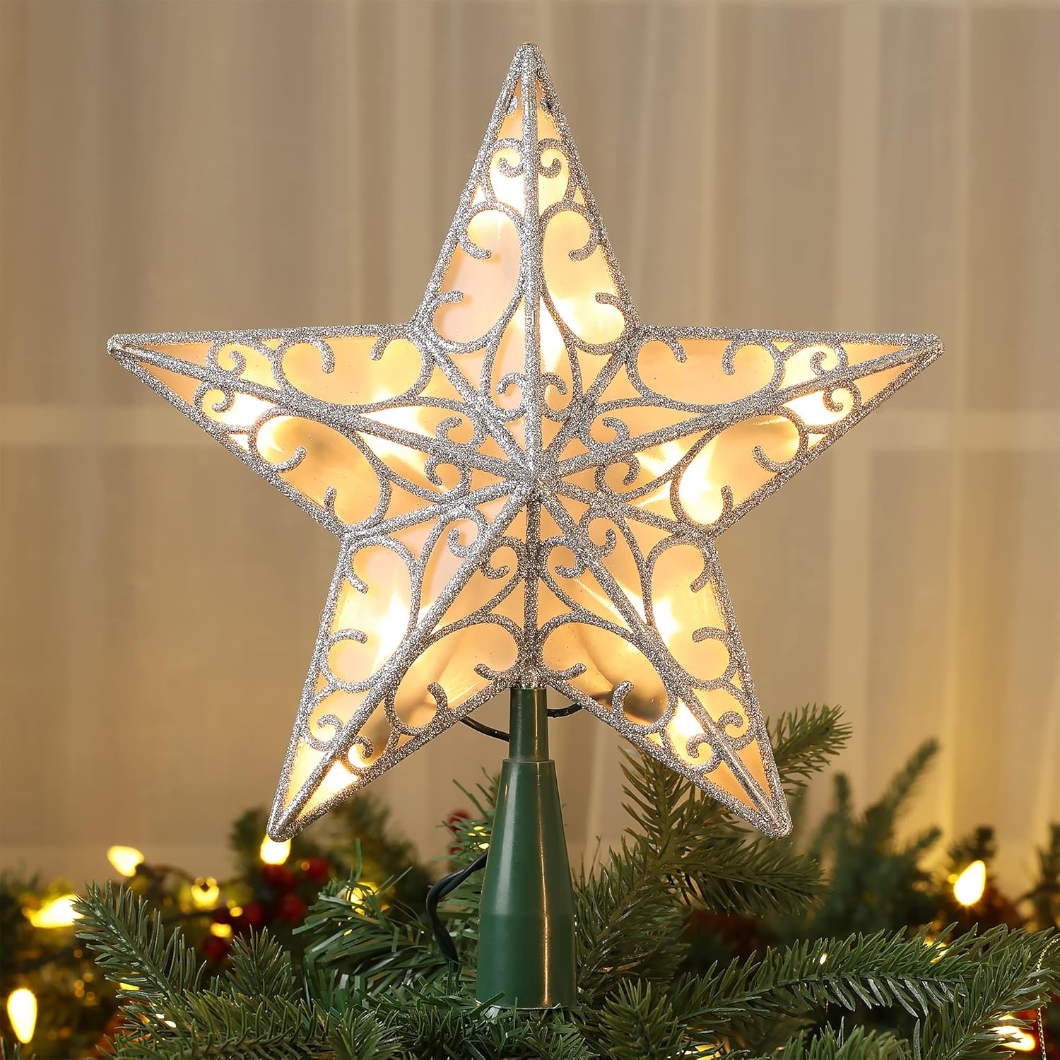 Tree Toppers - ODEETRONIC Star Christmas Tree Topper, 9in UL Listed 3D Star Tree Topper Lights, Double Sided Christmas Tree-top with 10 Count Incandescent Warm White Lights for Xmas Tree New Year Home Decor, Silver