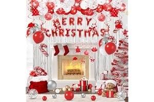 JANINUS Christmas Party Decorations Kit - Xmas Holiday Party Decor Supplies with MerryChristmas Banner/ christmas Balloons/ christmas Hanging Swirls Streamers/ Fringe Curtains & Cane Foil Balloons