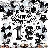 Miidenks 18th Birthday Decorations for Boy Girl, Black White and Silver Happy 18 Party Decor Set with 18 Number Foil Balloons, Banner, Cake Topper for Him Her