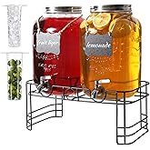 2 Gallon Drink Dispensers for Parties, 2 Pack Beverage Dispensers with Stand, Glass Water Jug Dispenser, with 18/8 Stainless 