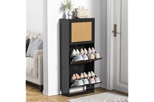 Anmytek Shoe Cabinet, 12 Pair Shoe Storage Organizer Cabinet, 3-Tier Rattan Shoe Cabinet with 3 Flip Drawers, Wooden Storage Cabinet for Entryway Hallway, Black S0011