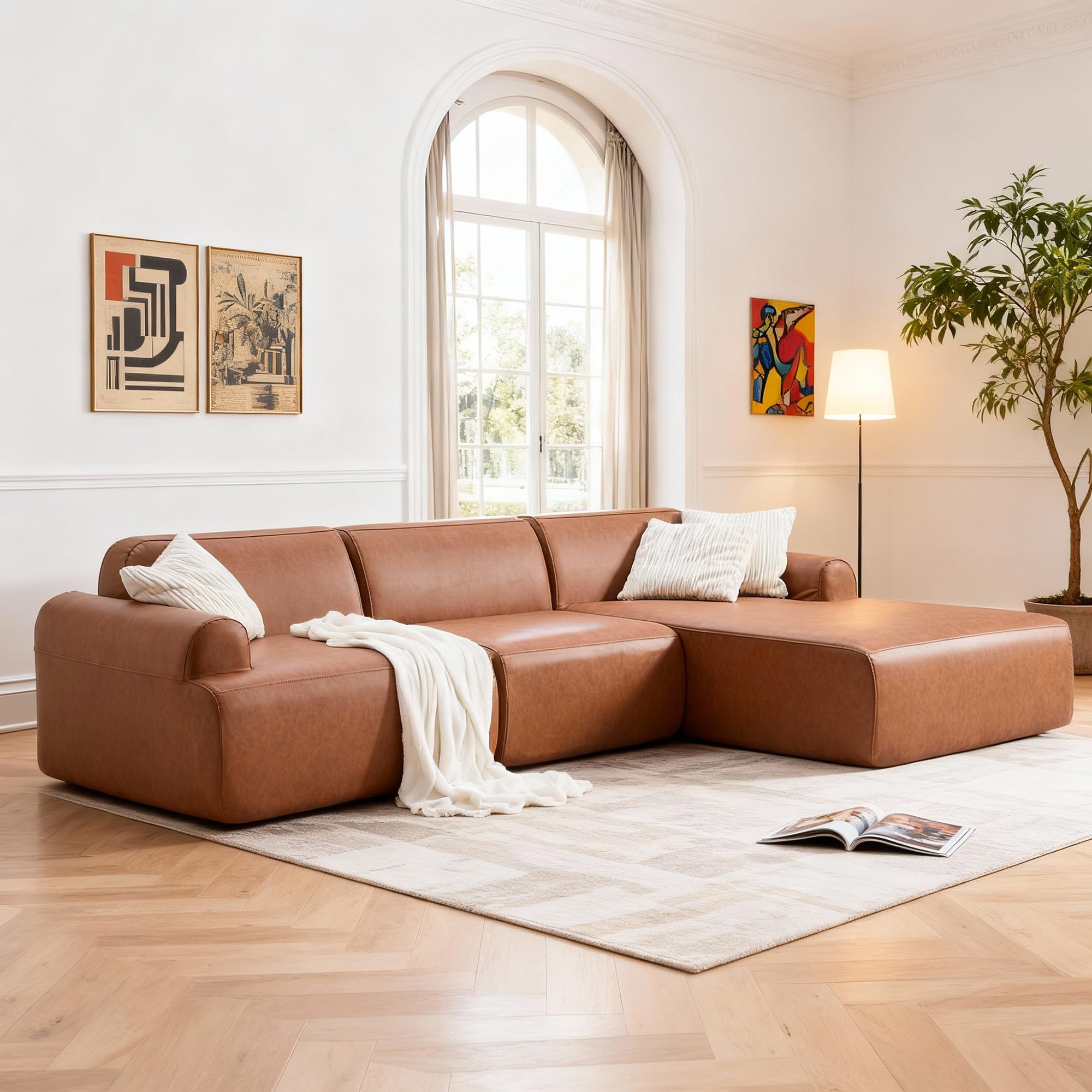 Photo 1 of ***FINAL SALE, NO RETURNS***KEIKI 3-Seat Modular Sectional Boneless Sofa Couch, Circle Fleece Cloud Comfort Deep Upholstered Lounge, for Living Room Apartment Office Bedroom Home, Modern Design, Antique Brown