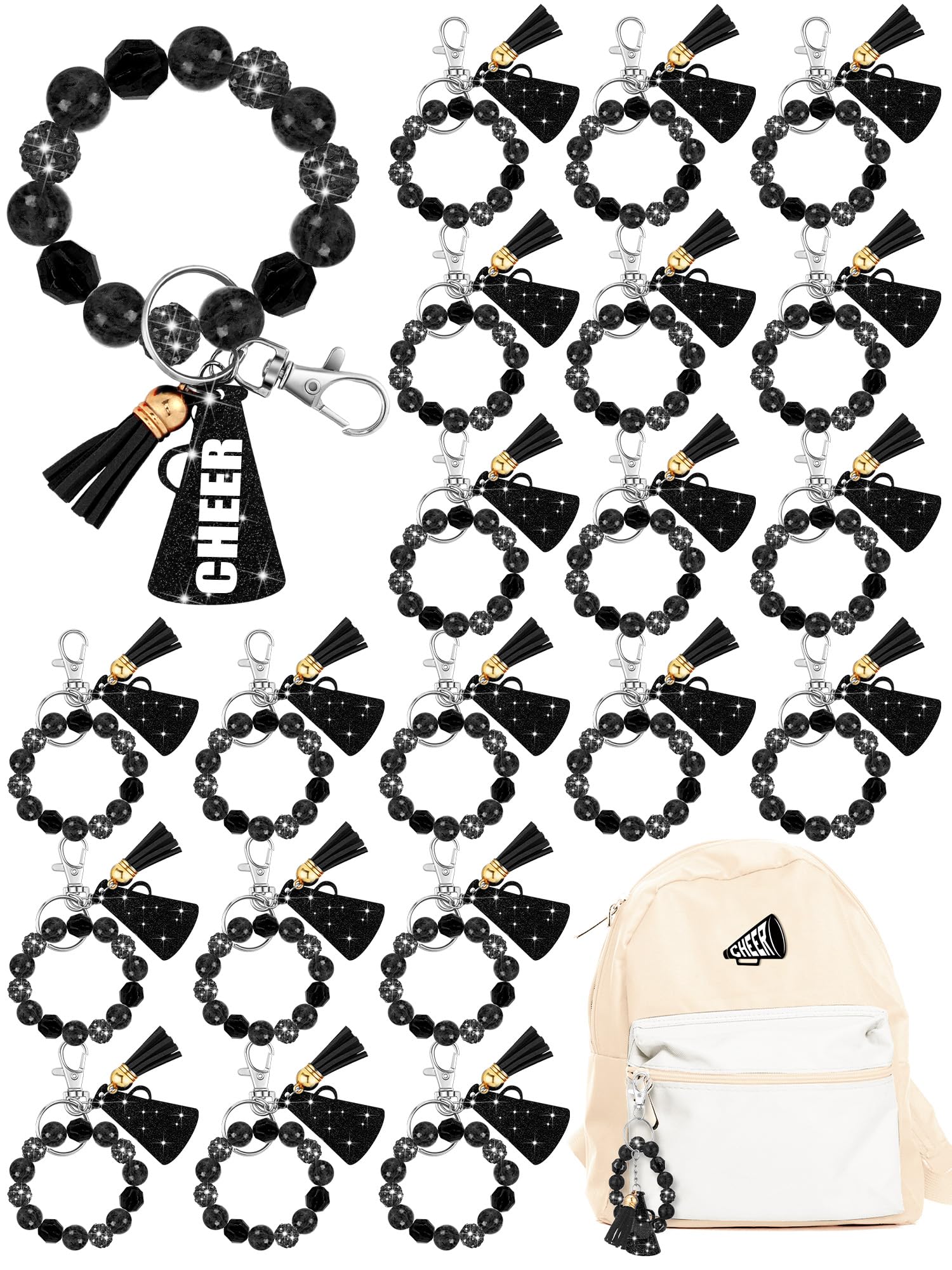 Photo 1 of Henoyso 20 Pcs Cheer Beaded Wristlet Keychain Bulk Cheer Bow Keychain Sparkle Megaphone Key Ring Women Accessories Team Gift(Black)