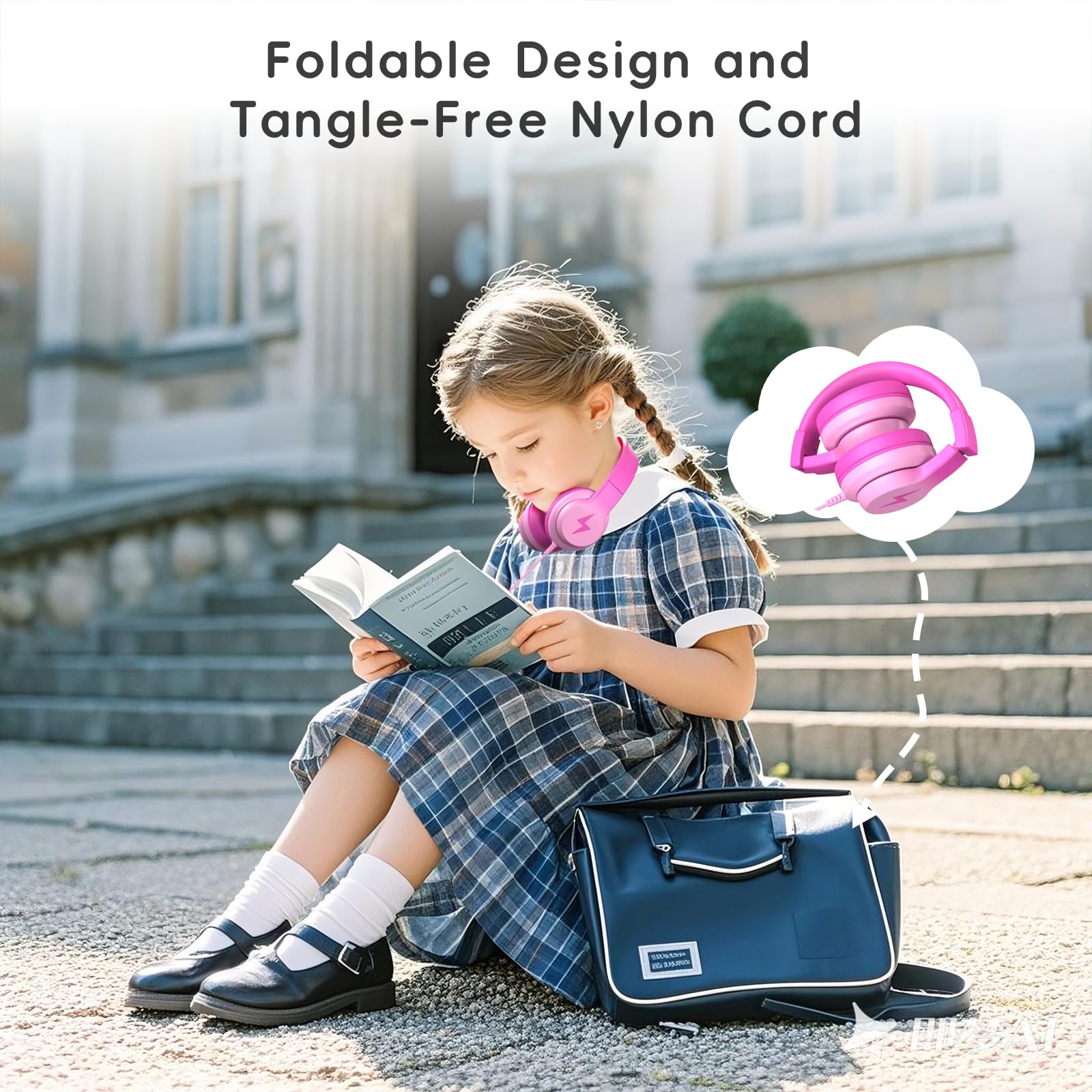 Candy Bila Kids Headphones, Wired Headphones for Kids Over Ear with Microphone, 85/94dB Volume Limiter Headphone for Girls Boys, Foldable Headphone for Learning & Entertainment, Gradient Deep Pink