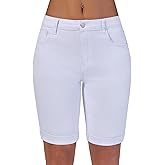 Queenwin Women's Mid Rise Bermuda Shorts Stretchy Long Rolled Hem Denim Jean Shorts