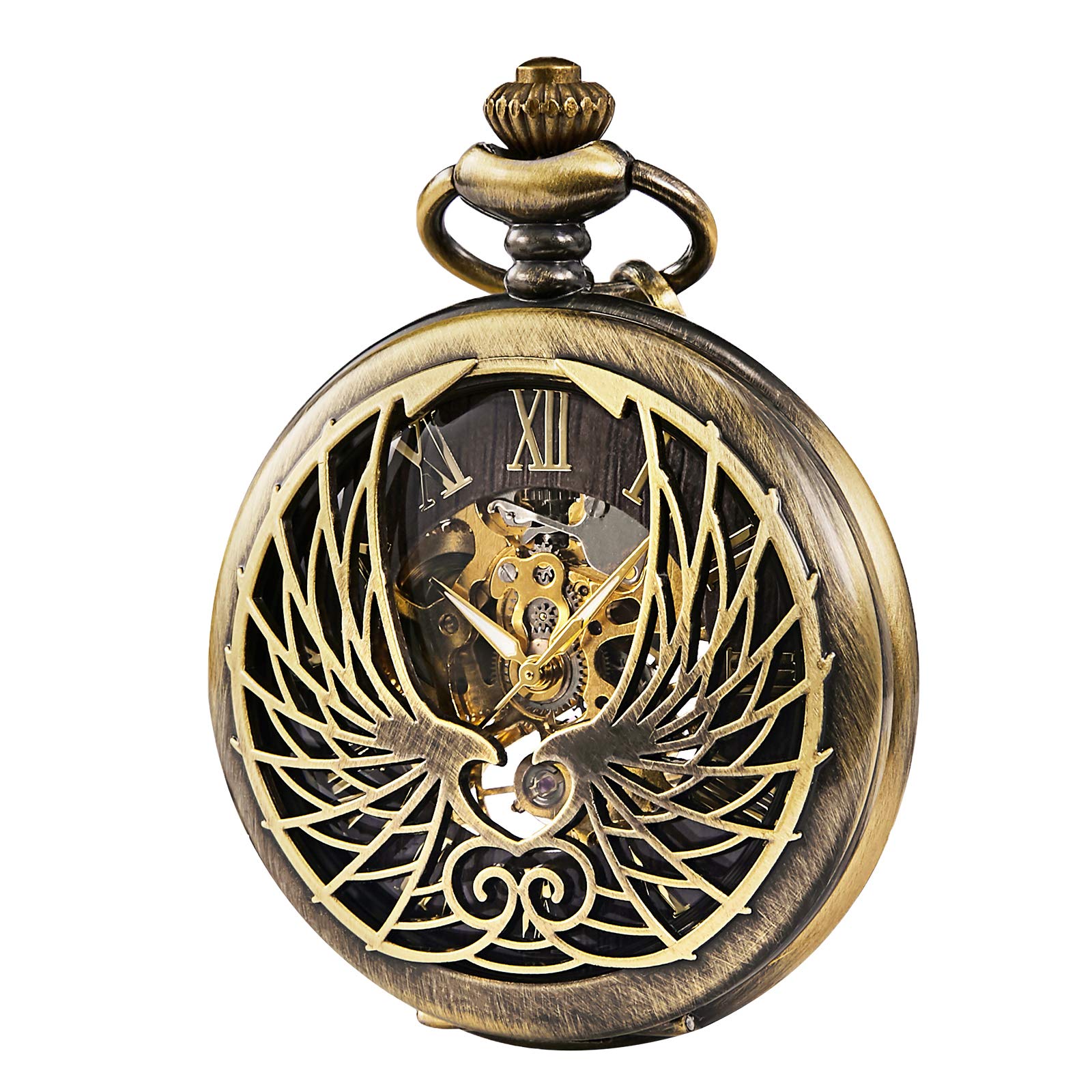 TREEWETO Skeleton Eagle Wings Design Case Roman Numeral Markers Mechanical Pocket Watch, Bronze