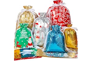 HRX Package 30pcs Foil Drawstring Christmas Gift Bags Assorted Sizes, Holiday Gift Wrapping Sacks Xmas Pouches for Presents