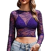 Avidlove Womens Long Sleeve Lace Tops 2025 Sexy Y2k See Through Going Out Blouse Shirts(Including Bra)