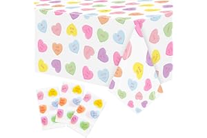 ANGOLIO 3Pieces Valentine's Day Conversation Heart Disposable Tablecloth, Plastic Rectangle Waterproof Heart Party Table Covers, Birthday Party Supplies Favors for Kitchen Dining Picnic Decoration