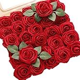 DerBlue 60pcs Artificial Roses Flowers with stem and 10pcs Green Leaves Real Looking Fake Roses Artificial Foam Roses Decoration DIY for Wedding,Arrangements Party Home Decorations