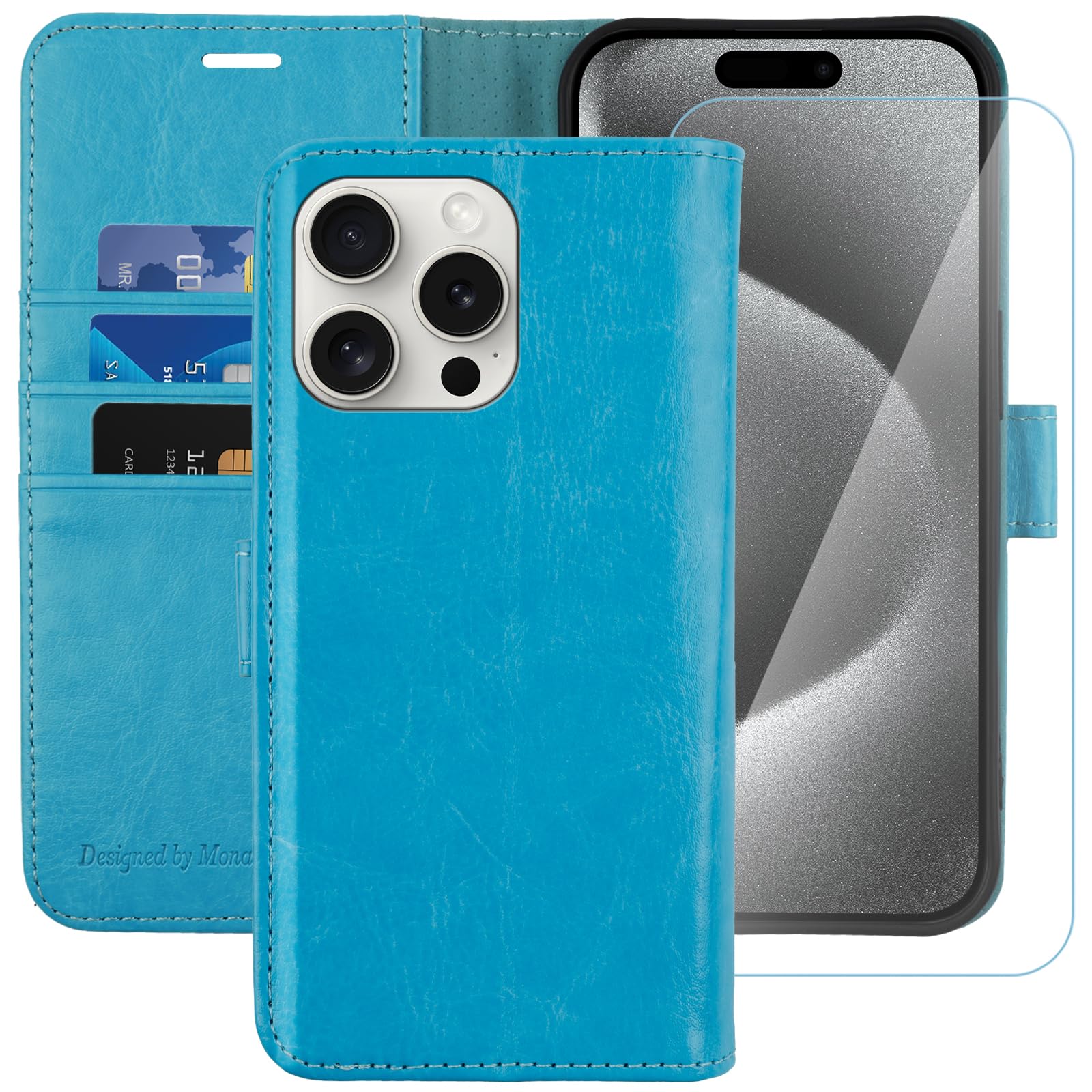 MONASAY for iPhone 15 Pro 5G Wallet Case, [Glass Screen Protector Included] [RFID Blocking] Flip Folio Leather Cell Phone Cover with Credit Card Holder, 6.1-inch, Light blue
