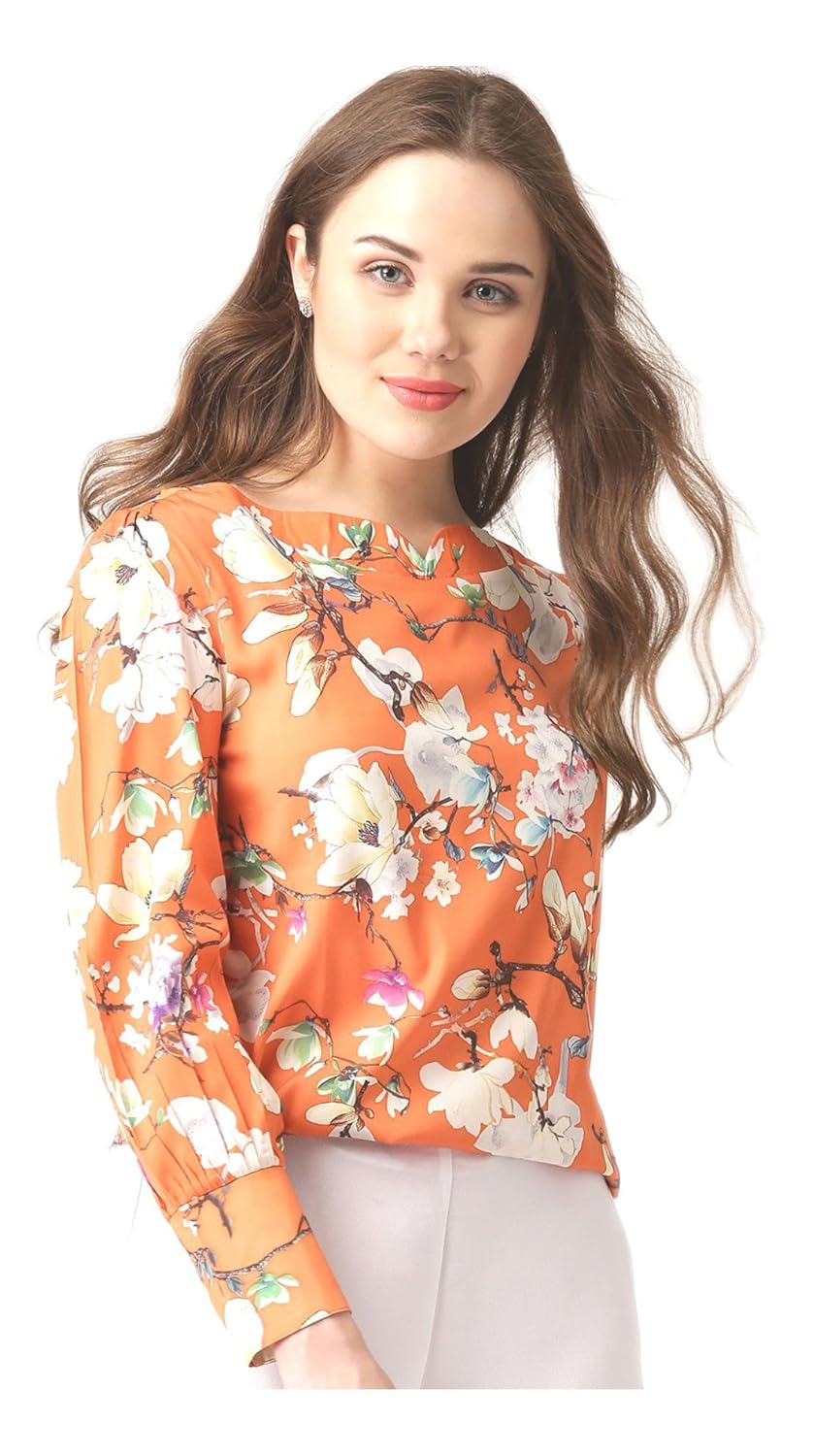 marie claire women orange floral print top (mc10131a)