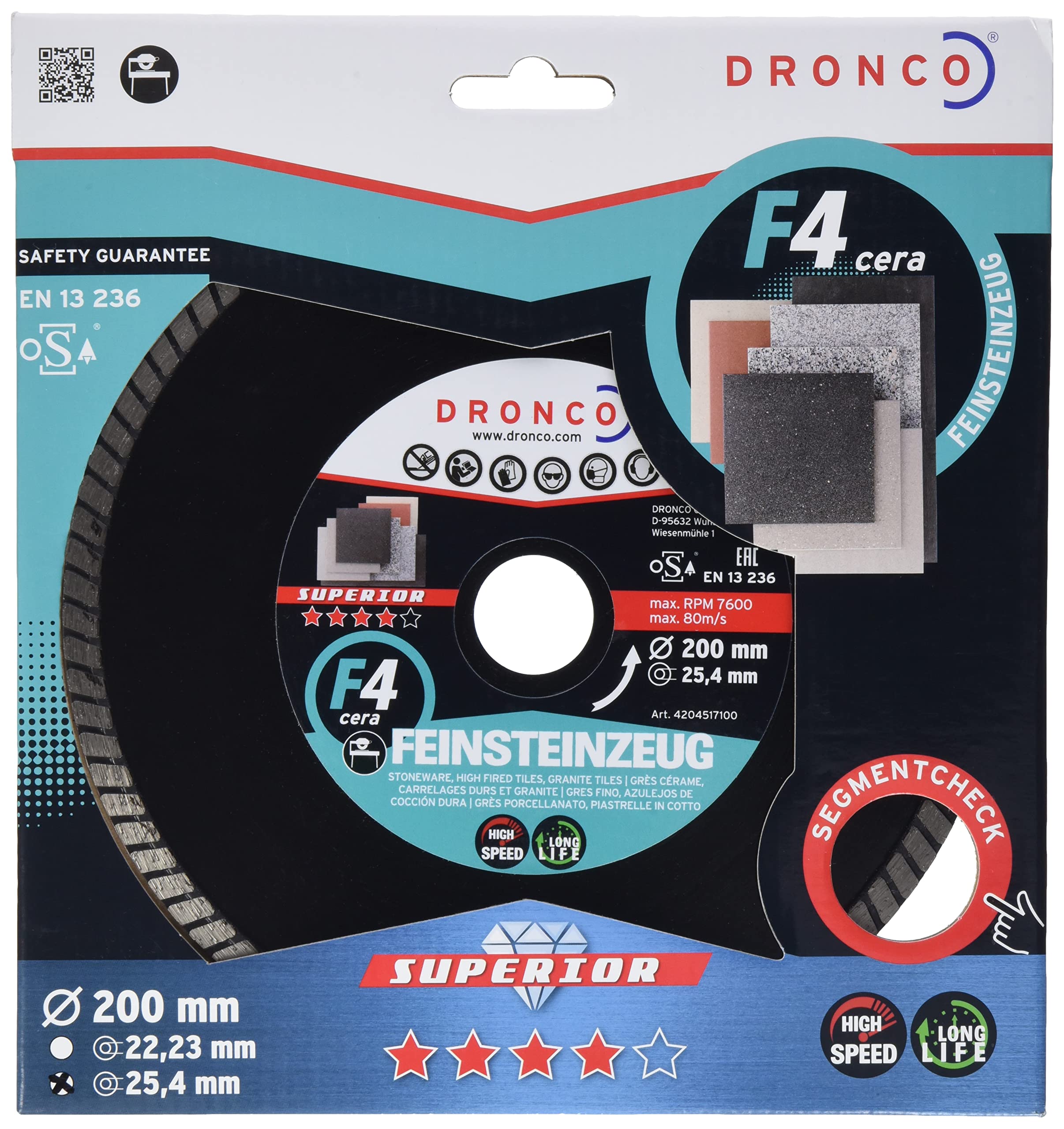 DRONCO F4CERA-200 - Disco de diamante Superior F4 Cera - Gres (Antes GRFX) Ø 200 mm